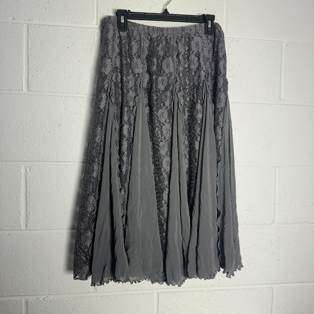 Lapis anthropologie Gray Floral Lace Chiffon Godet Midi Skirt Whimsigoth XL